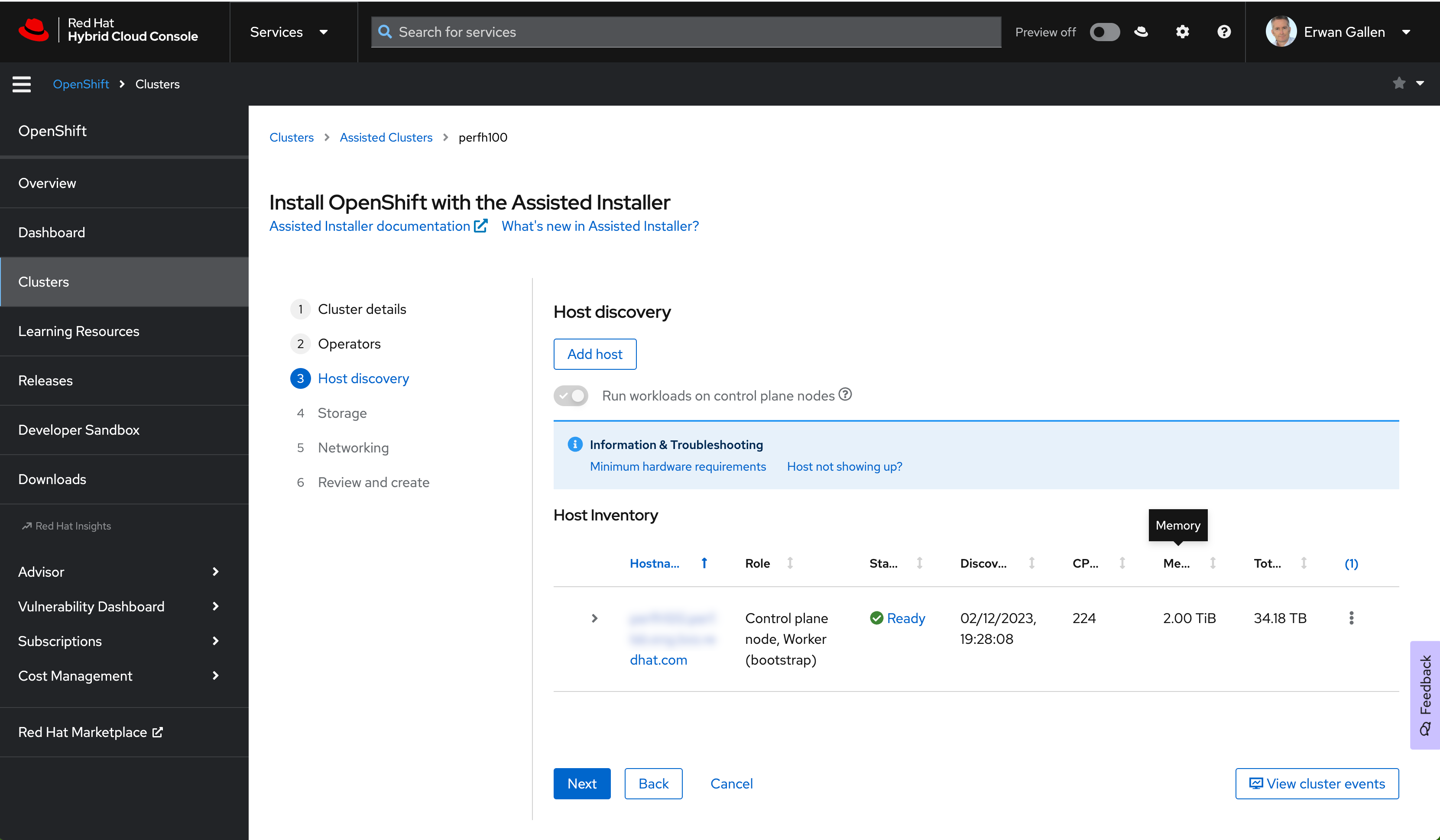 Red Hat Hybrid Cloud create a cluster with Assisted Installer
