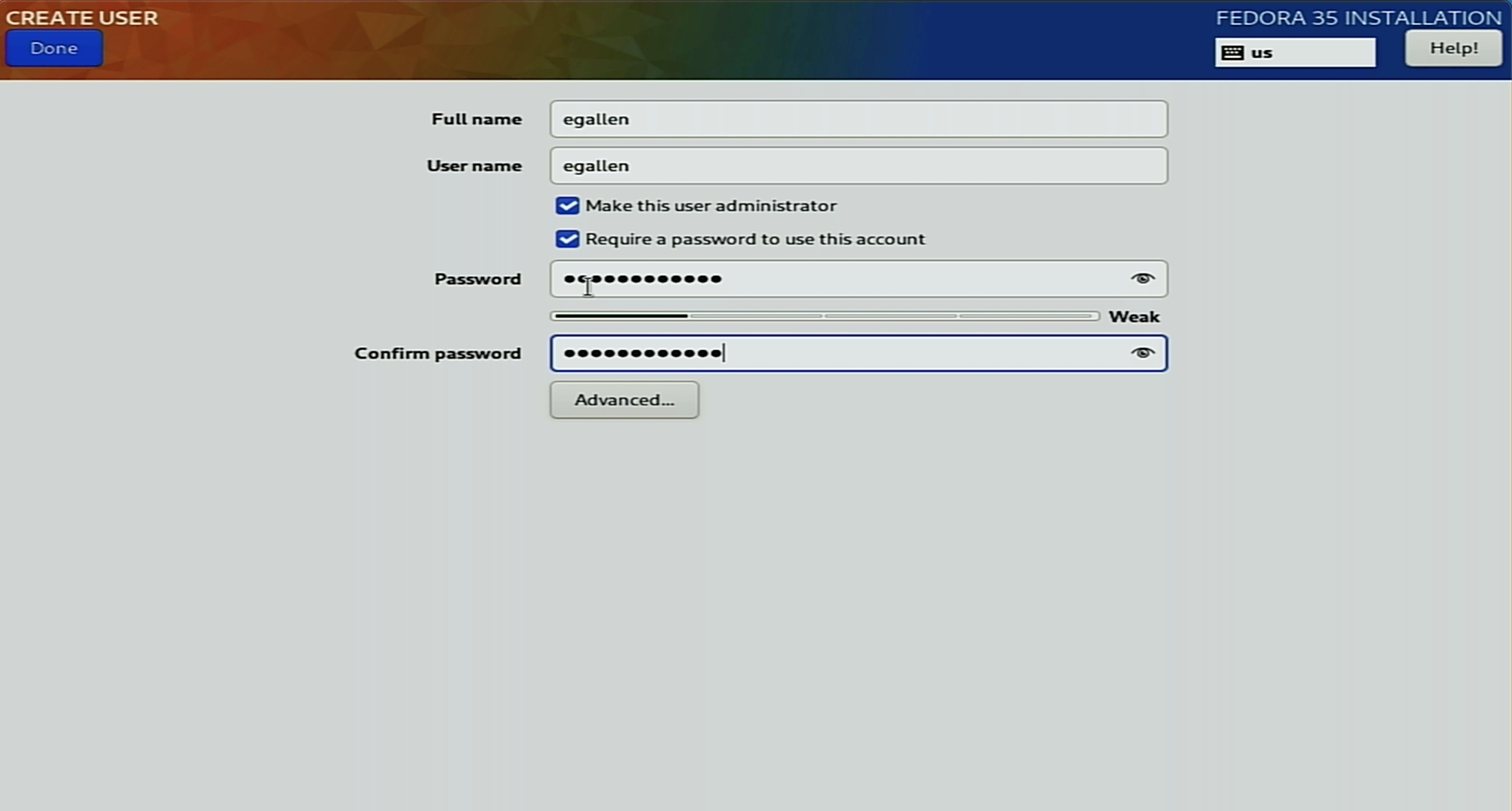 Fedora installation user creation