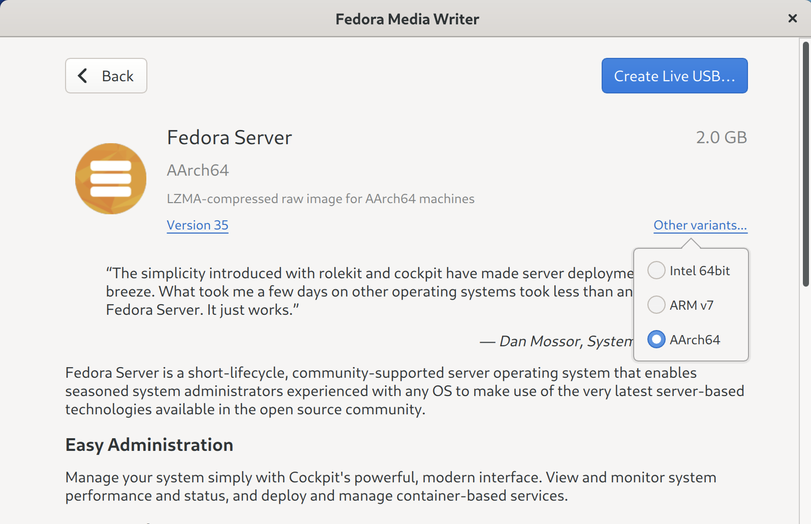 Fedora Media Writer Fedora aarch64