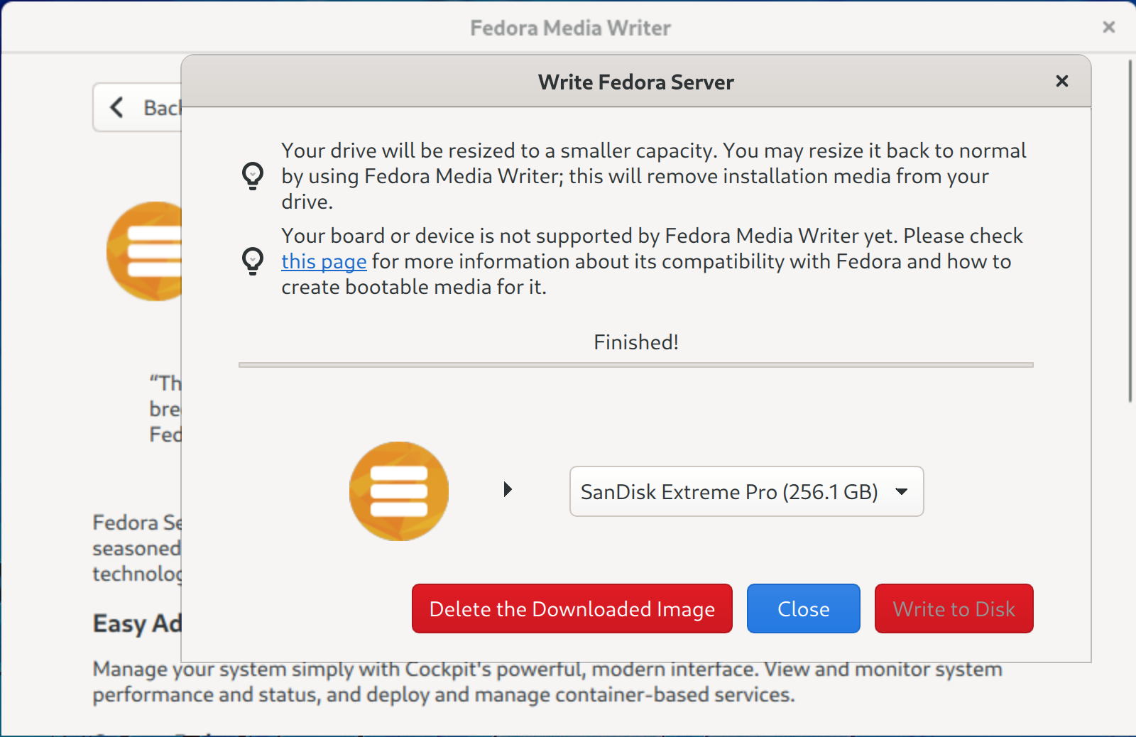 Fedora Media Writer Fedora completed